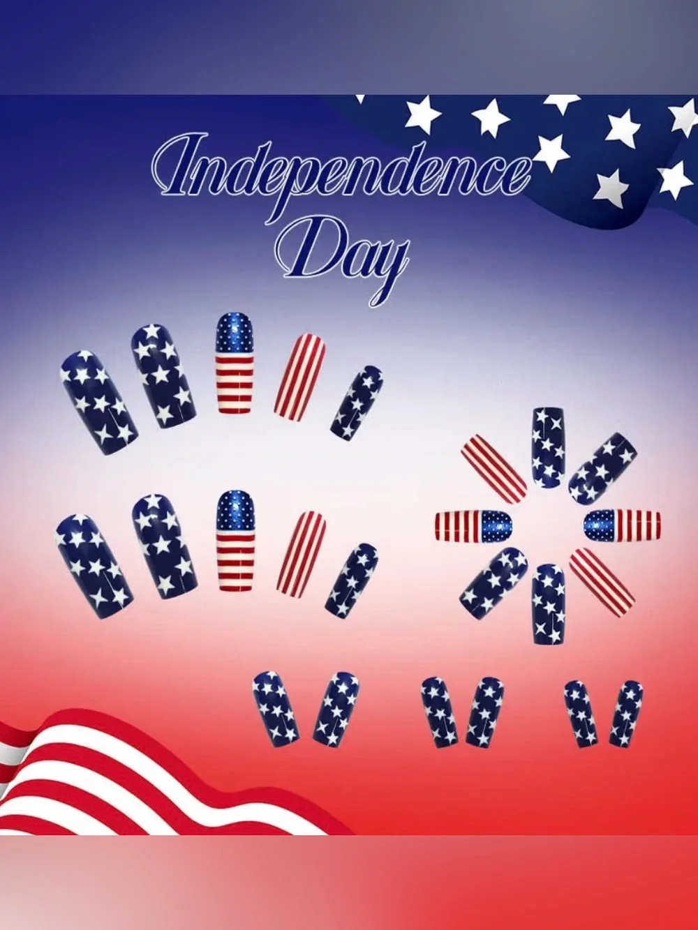 American Flag Inspired Press-On Nails - Red White Blue Stars & Stripes